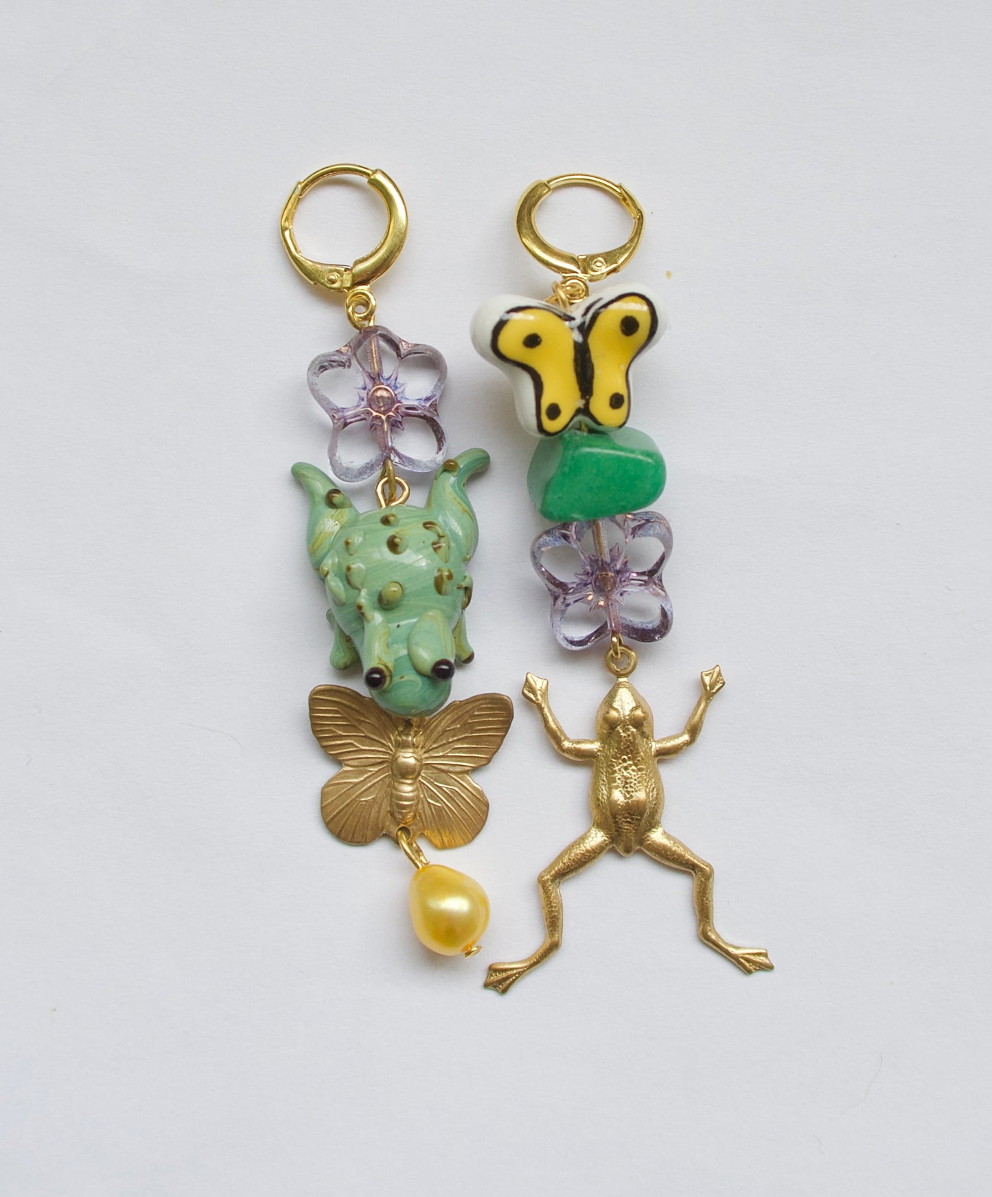 Mismatched butterfly frog earrings