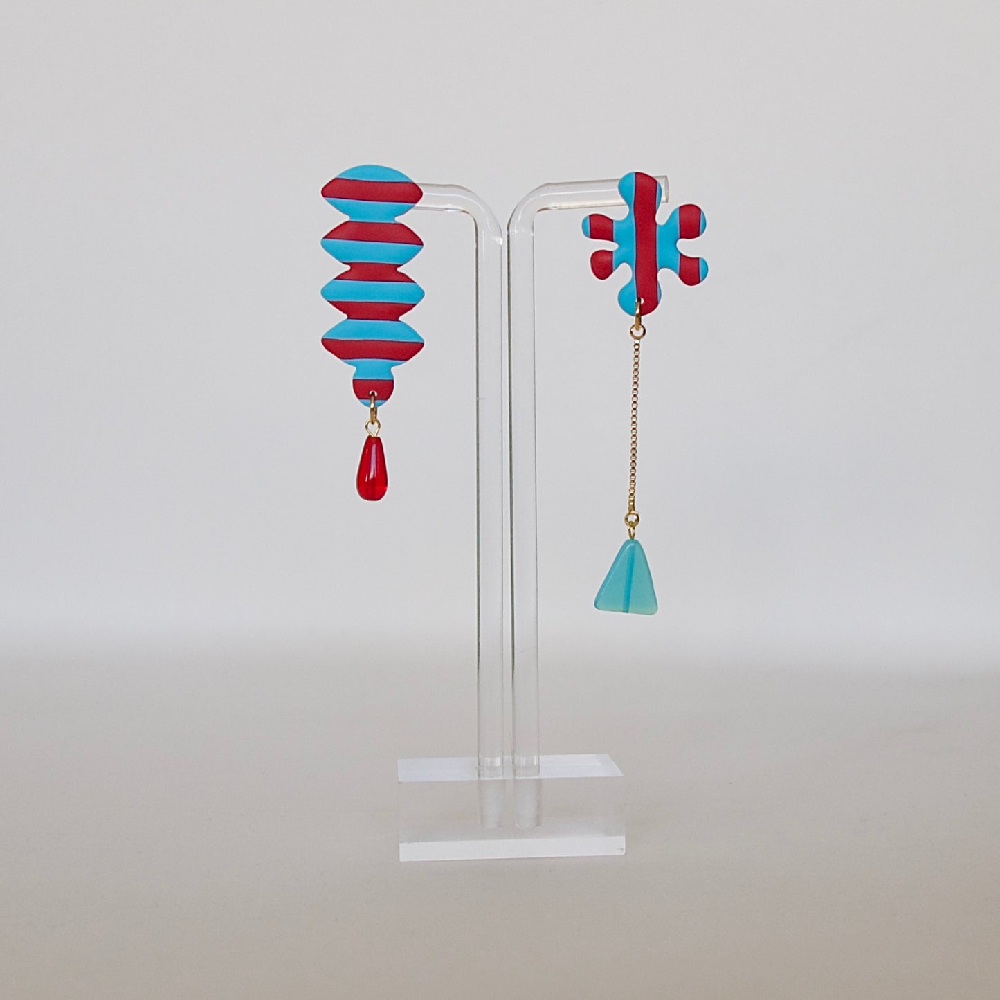 Red and Blue Asymmetrical Striped Earrings