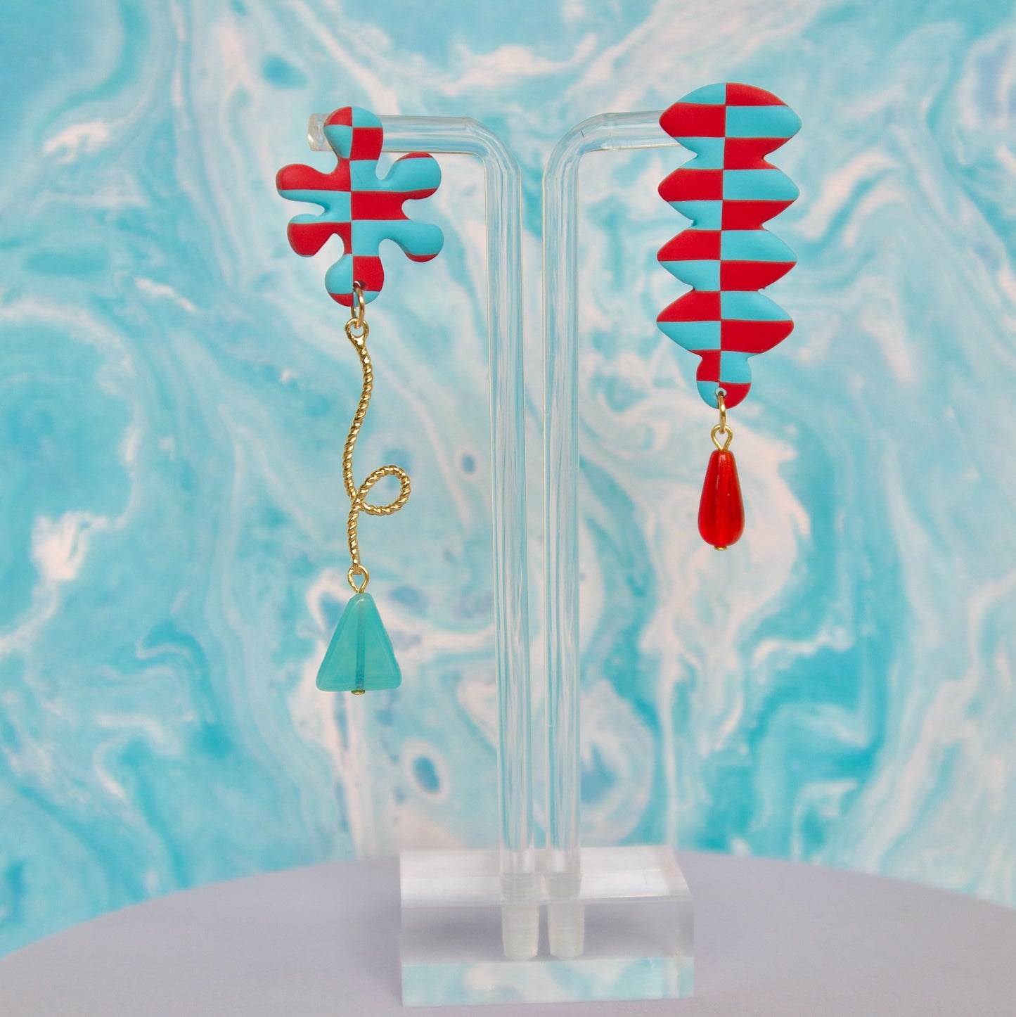 Red and Blue Asymmetrical Earrings
